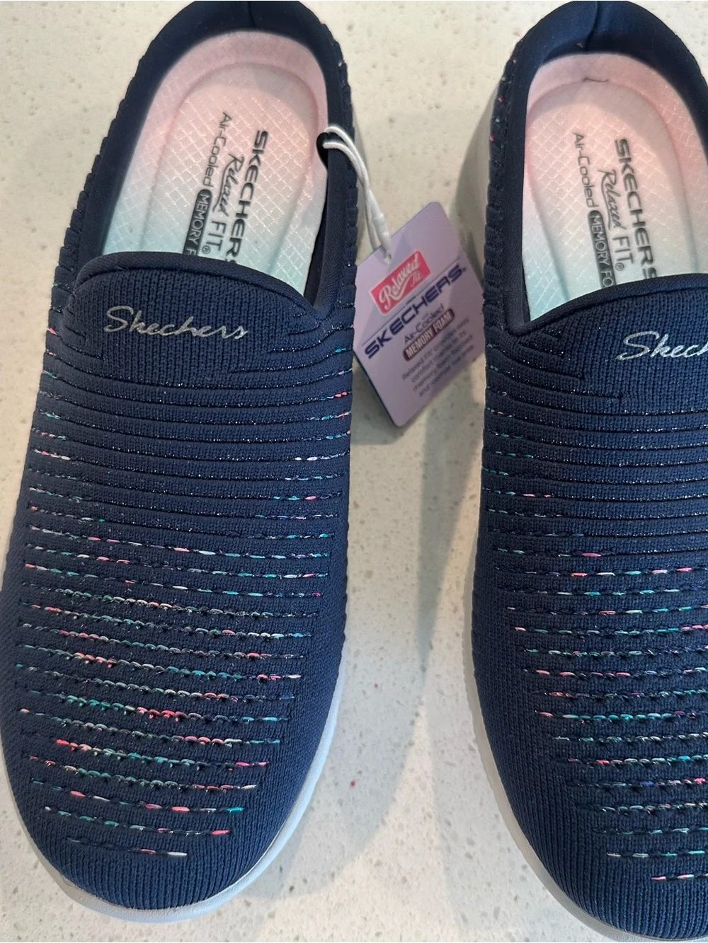 NEW-Skechers Navy Knit Slip-On Loafers with Multicolor Thread Accents